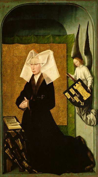 Guigone de Salins, vrouw van de schenker, kanselier Nicholas Rolin, knielend in gebed, van de achterkant van het Laatste Oordeel polyptiek, c.1445-50 door Rogier van der Weyden